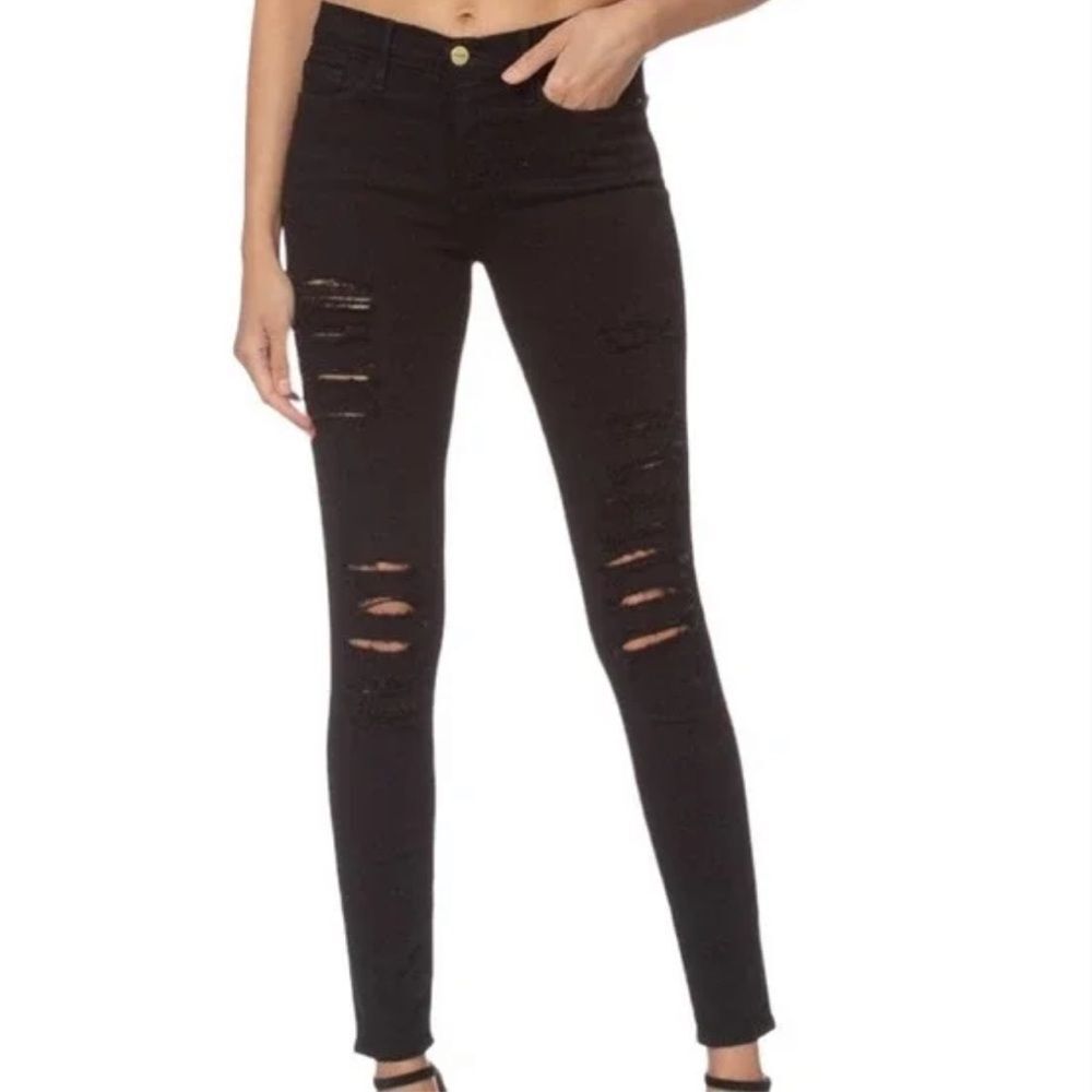Frame Distressed Black Skinny Jeans Le Skinny de Jeanne Grunge Emo Size 23